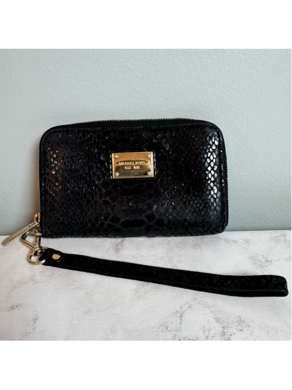 Women's Michael Kors Essential Zip Wristlet Wallet Black Python Gold Hardware